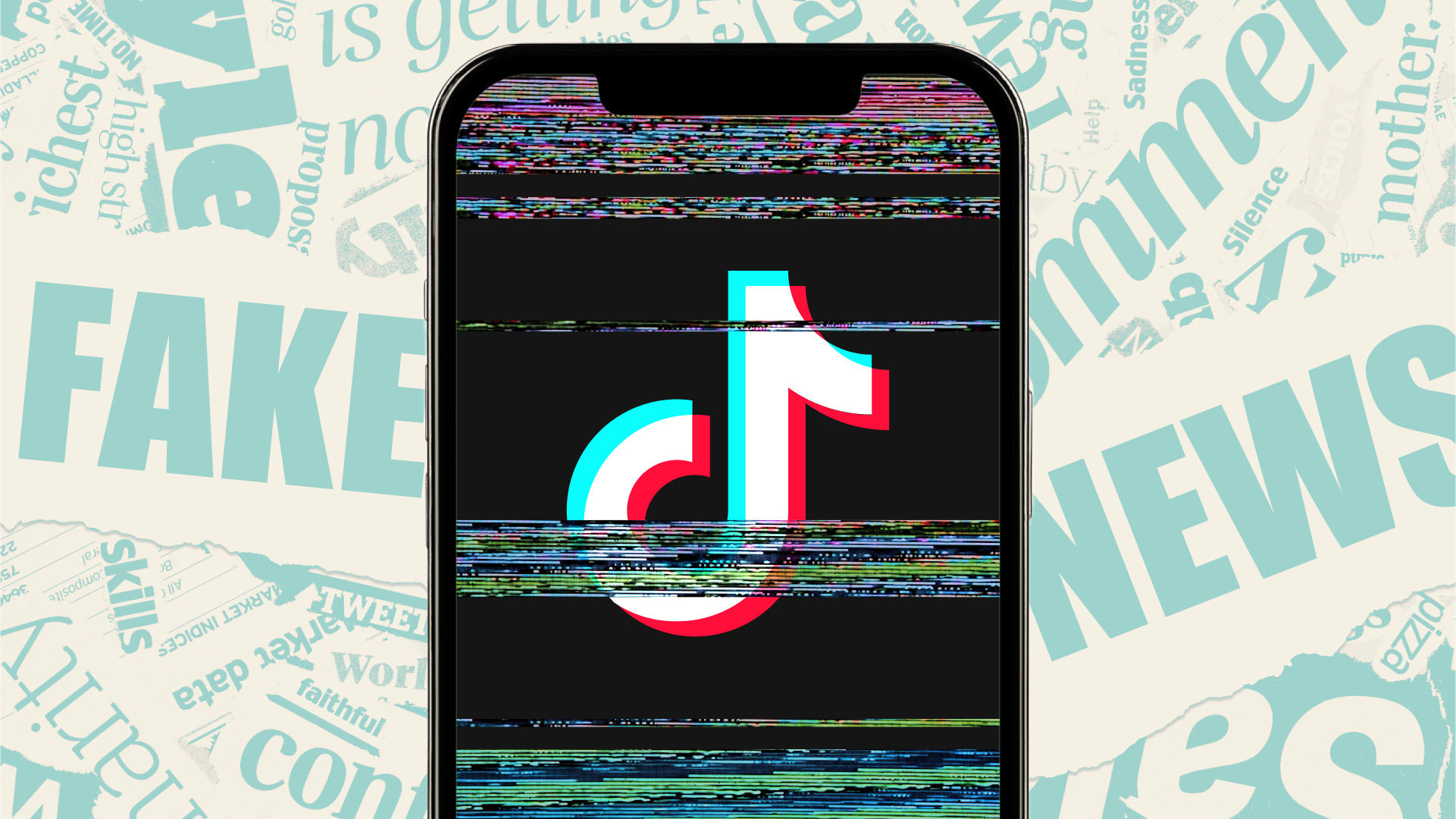 A phone screen illustrated with static and the TikTok logo