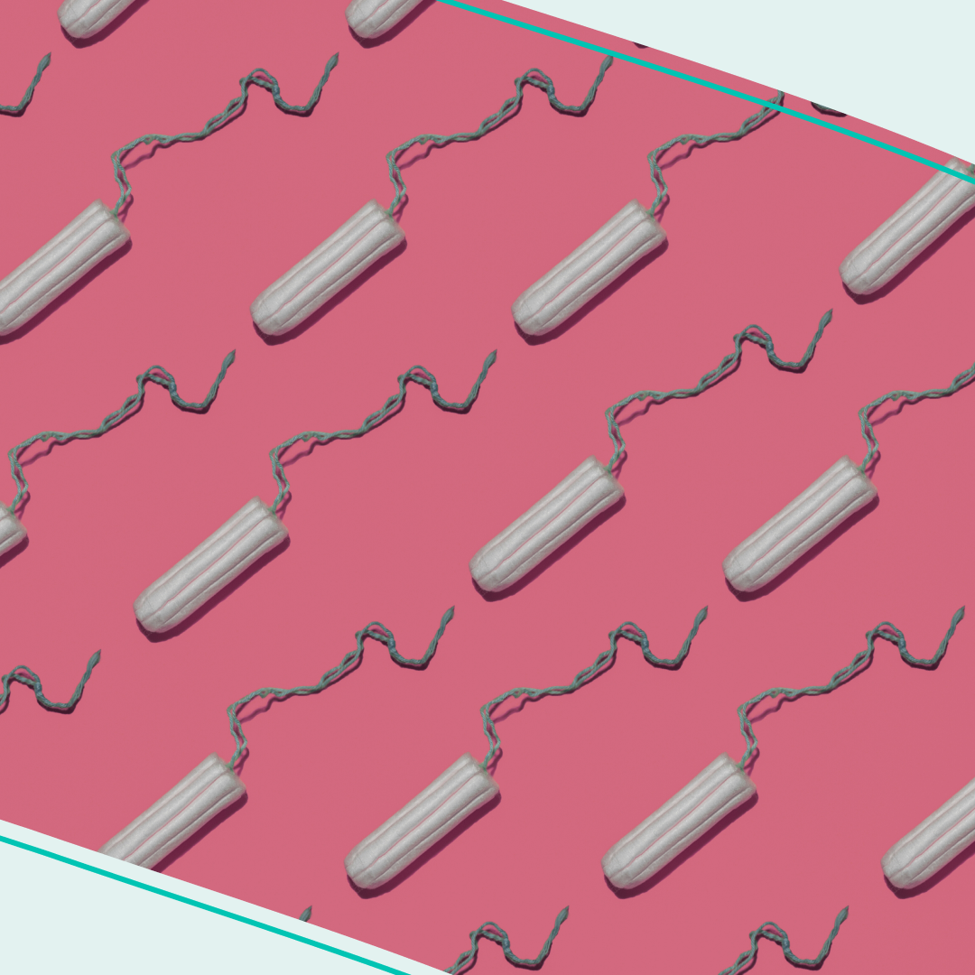 A graphic of tampons on a pink background
