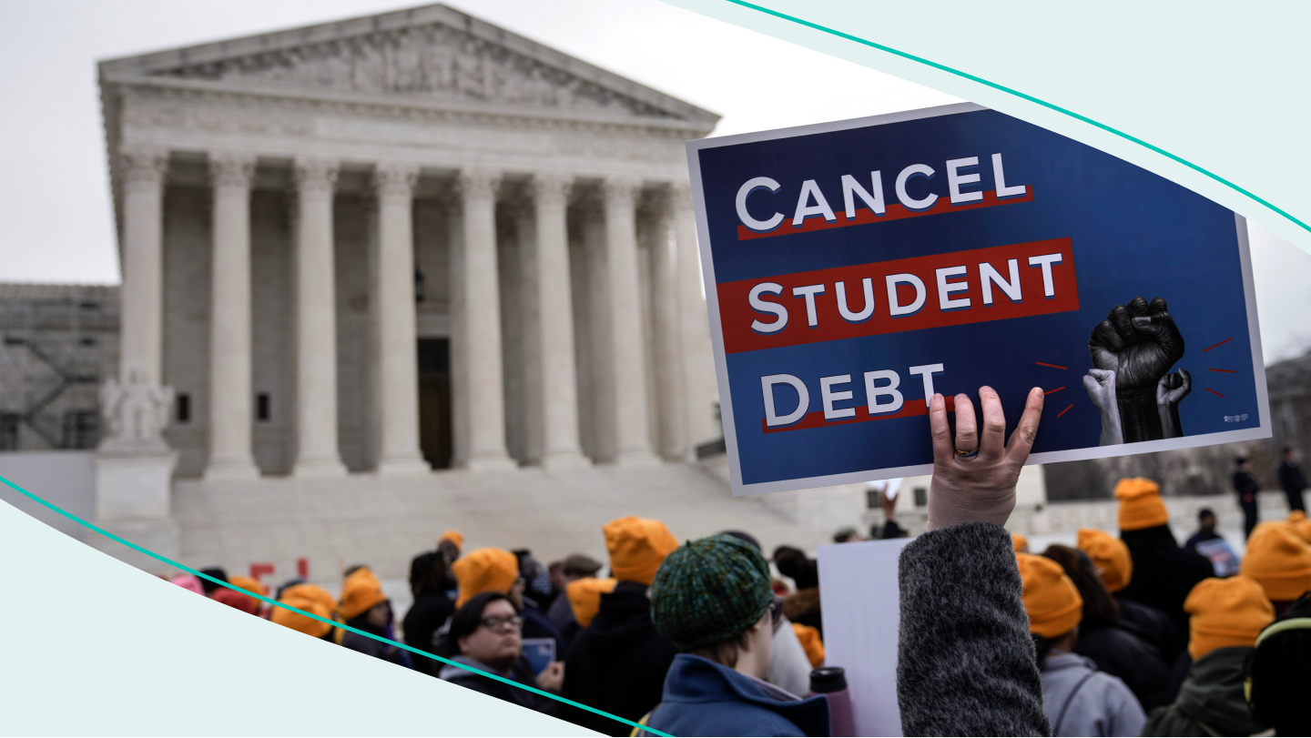 student debt activists standing outside of Supreme Court building
