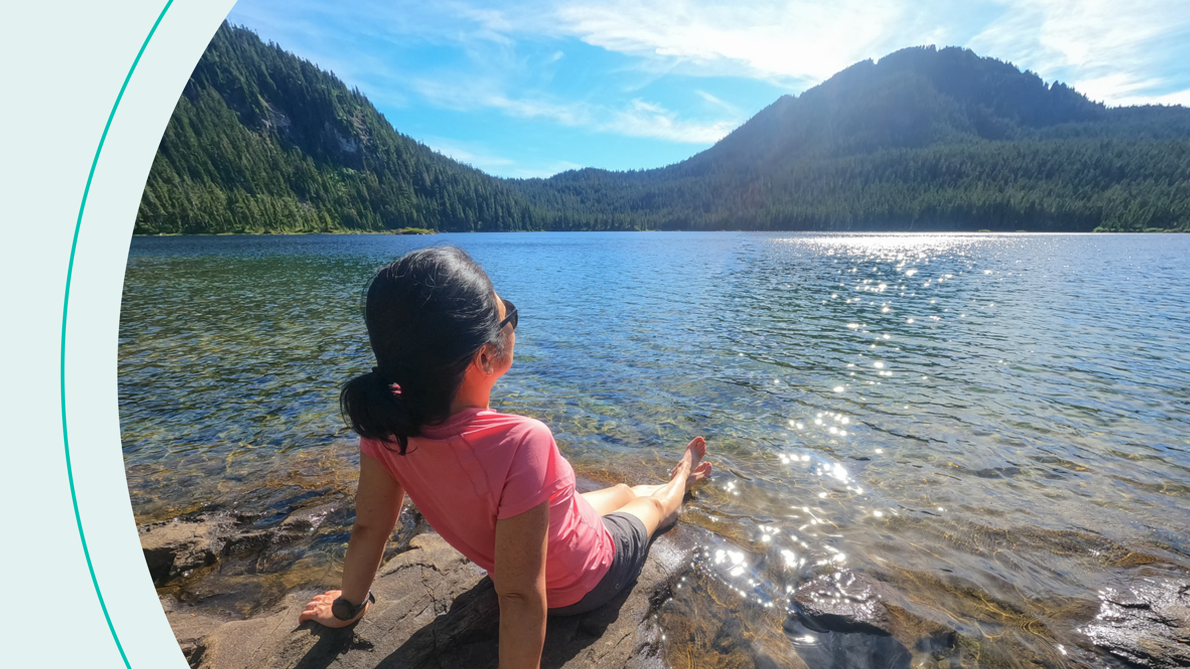 accessibility, woman enjoying a lake and mountain view