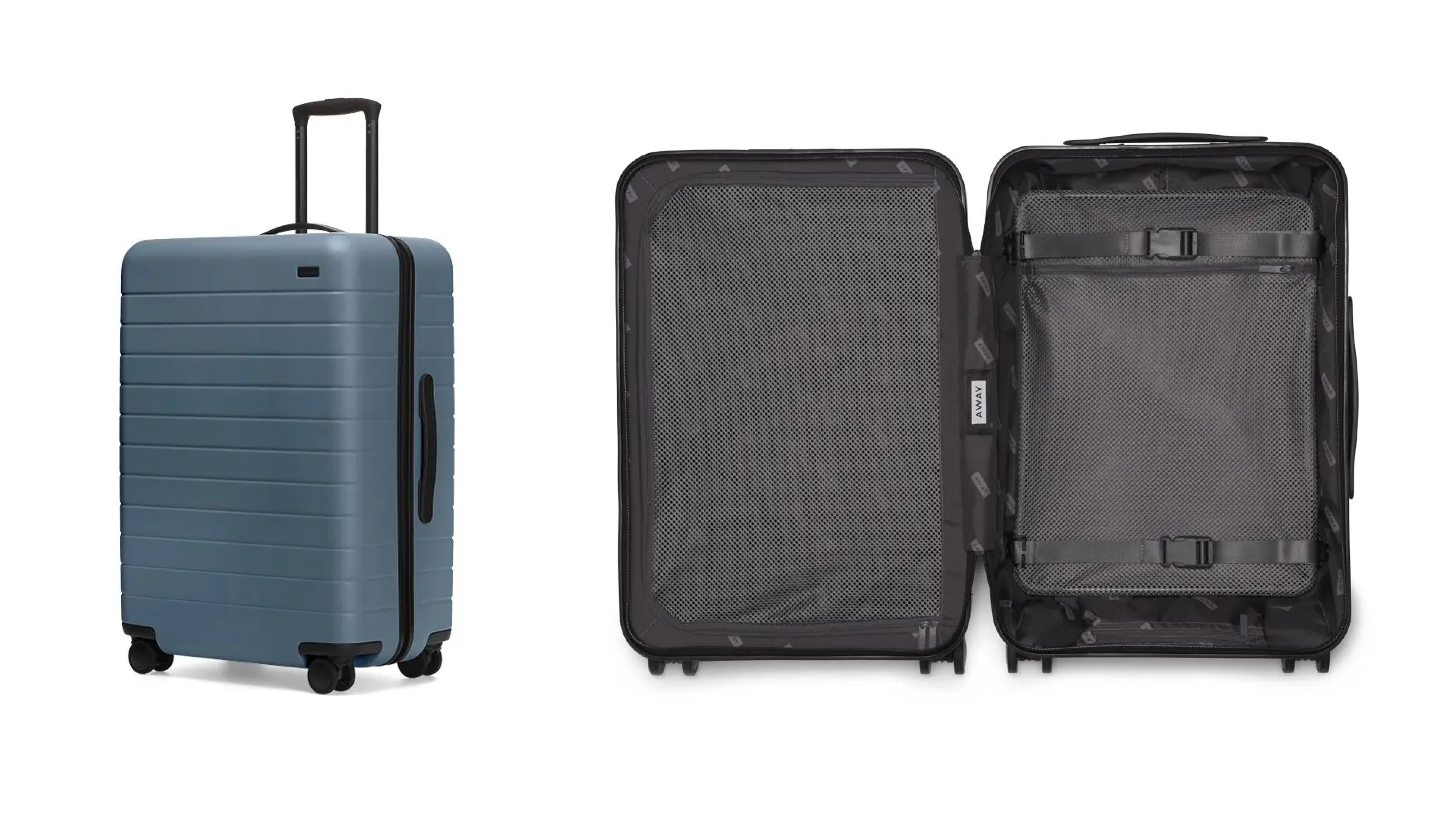 durable suitcase with a hard outer shell, inner laundry bag, and four wheels