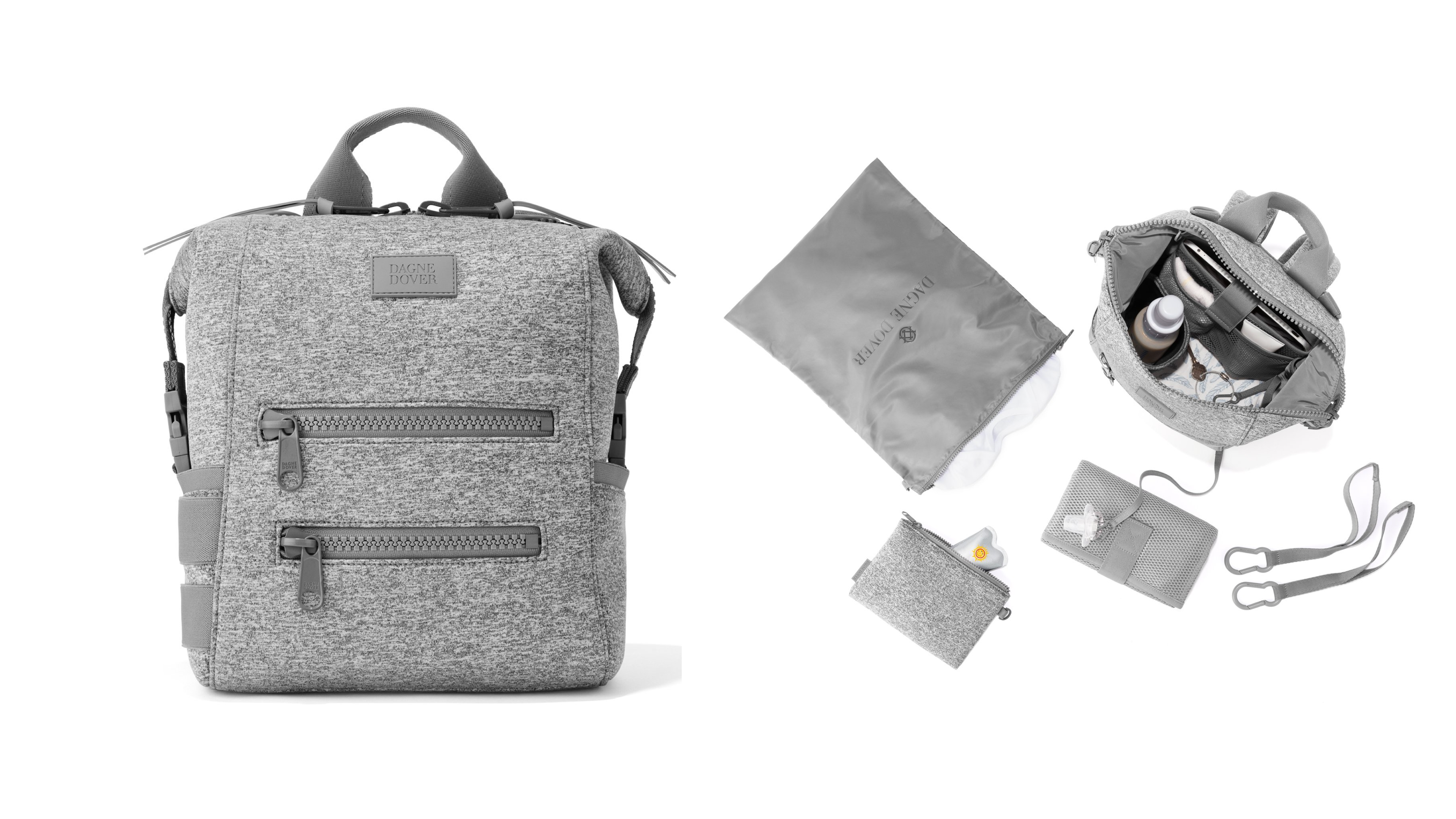 neoprene diaper bag in gray with changing mat and dirty diaper bag
