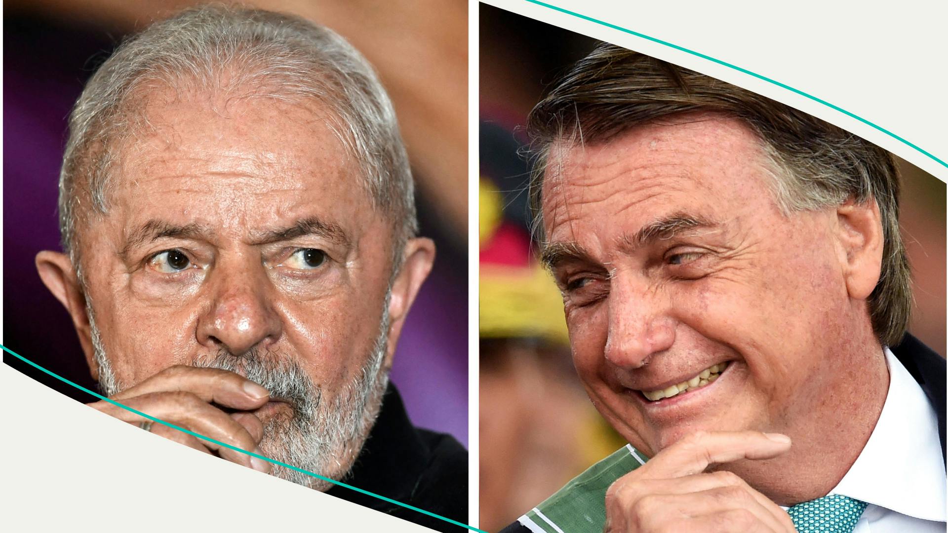 This combination of pictures created on May 4, 2022, ex-Brazilian president Luiz Inacio Lula da Silva (L) and another of Brazilian President Jair Bolsonaro 