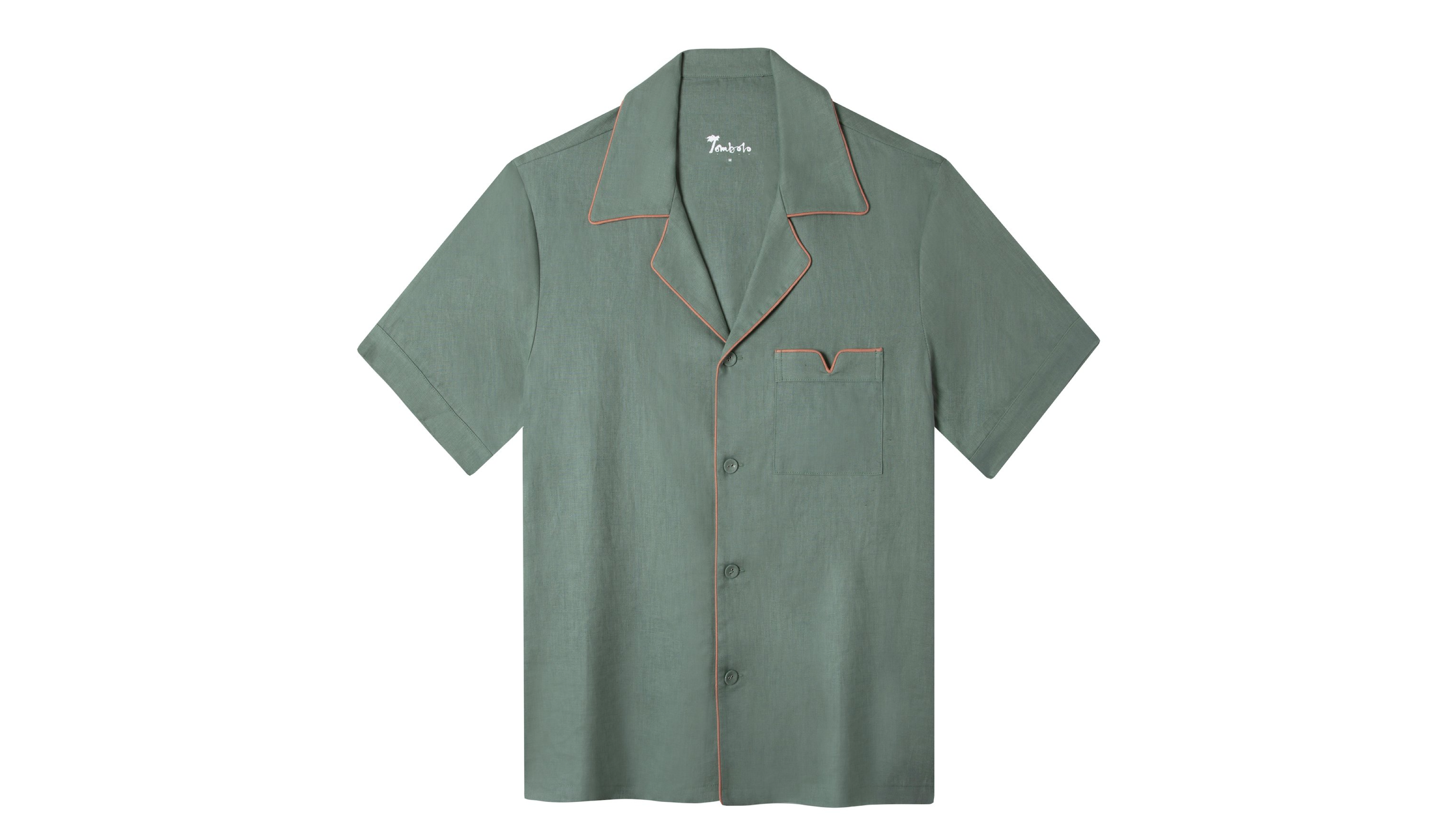 green linen shirt with a peach piping and front chest pocket