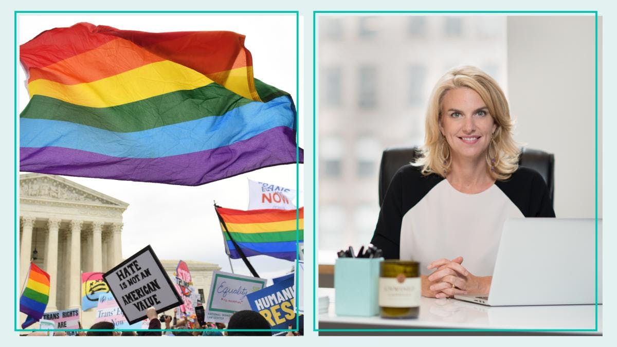 On left: A variety of flags and signs in support of LGBTQIA+ rights. On right: Headshot of GLAAD President and CEO Sarah Kate Ellis.