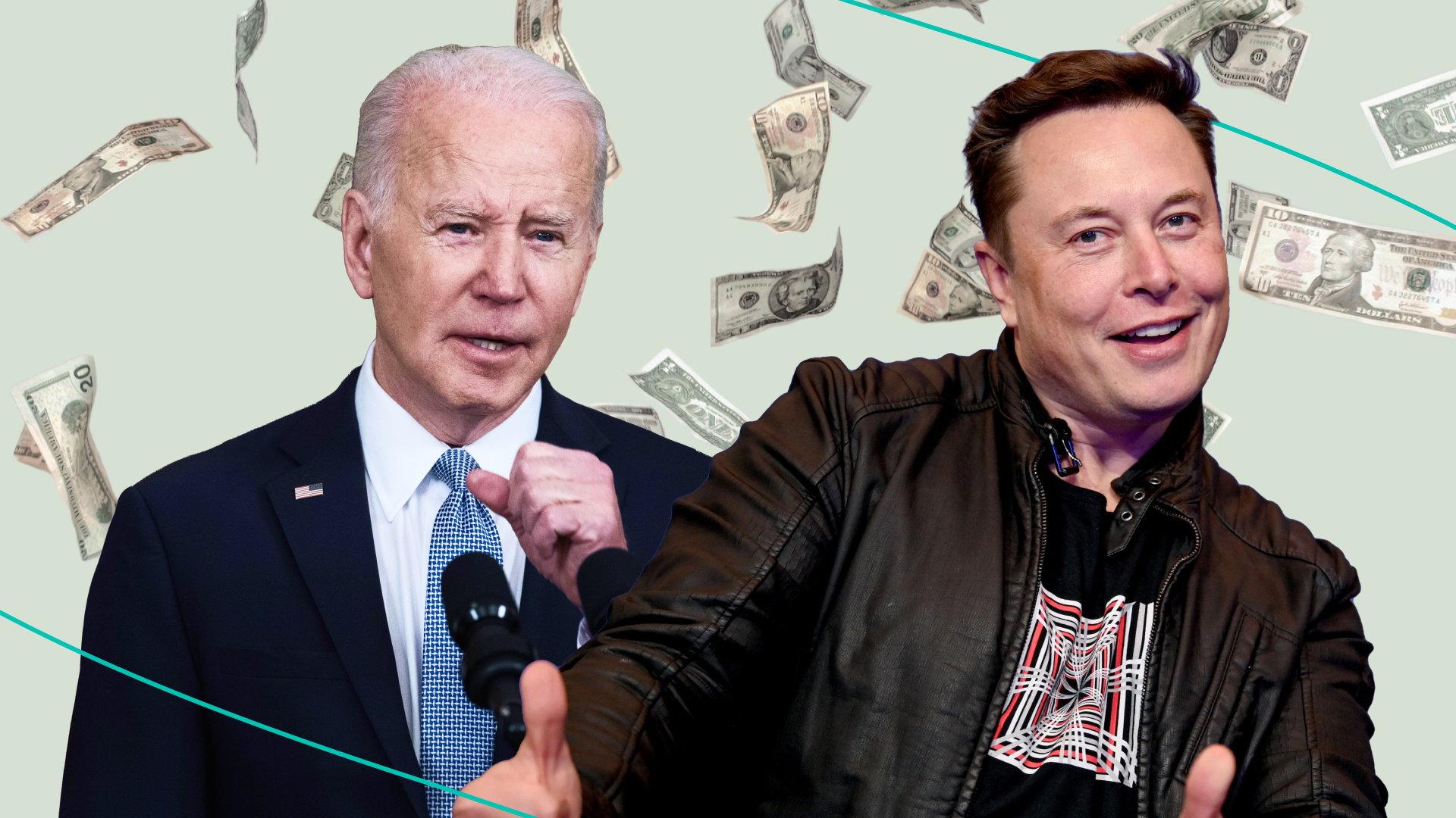 Joe Biden and Elon Musk with dollar bills in background